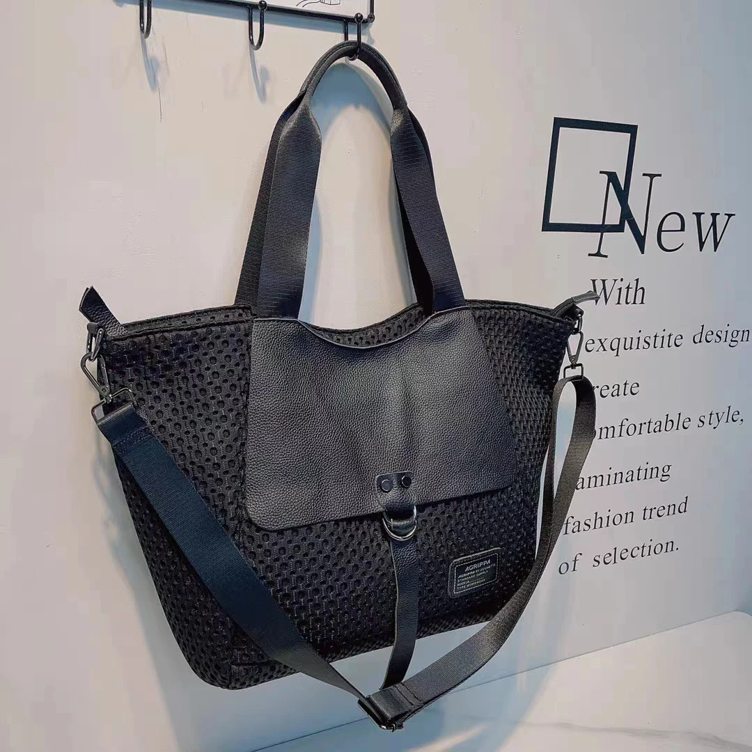 Women\'s shoulder crossbody bag mesh fabric with cowhide tote bags commuting bag simple short distance travel handbag for Men New