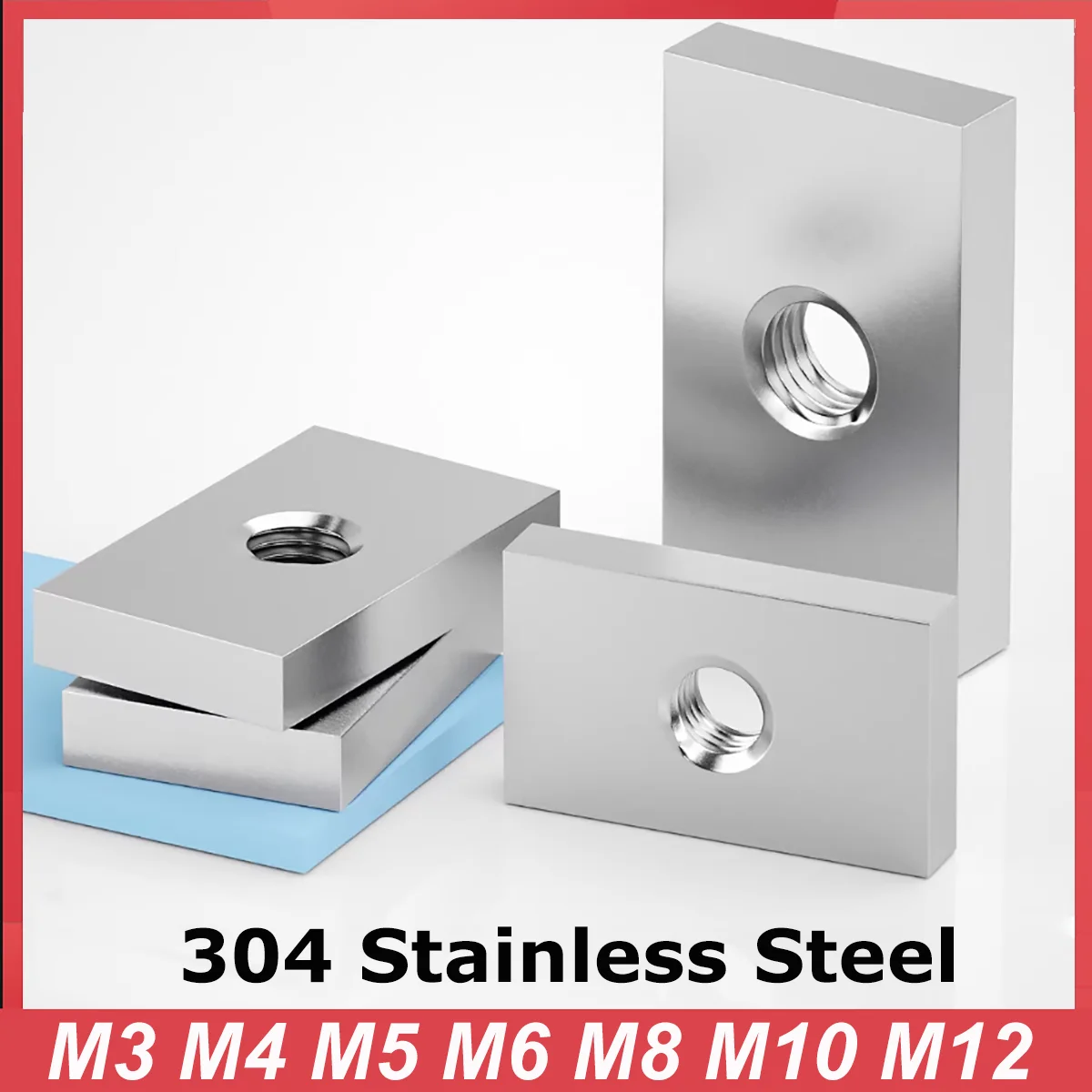 M3 M4 M5 M6 M8 M10 M12 304 Stainless Steel Square Nut Rectangular Nuts Thin Slider Block Nuts Aluminum Profile Accessory
