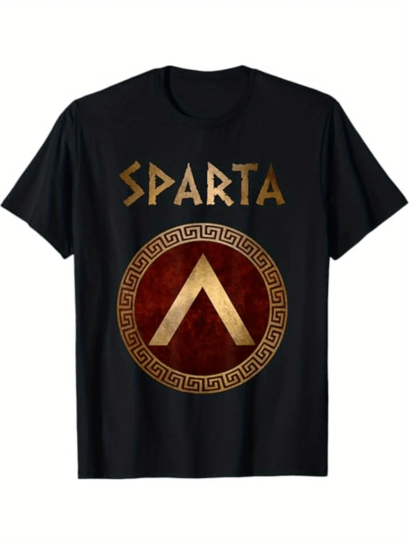 

Ancient Greek Spartan Shield-Red&Golden Spartan Lambda Graphic design-100% cotton O-neck short sleeve printed men's T-shirt.