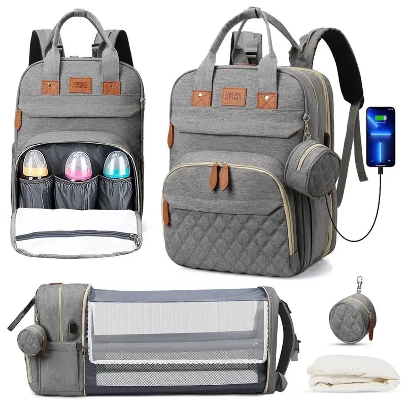 Bolsa de pañales 3 en 1, mochila plegable para cama de bebé, bolsa de viaje impermeable con carga USB, mochila con cambiador de cama, 3 tipos