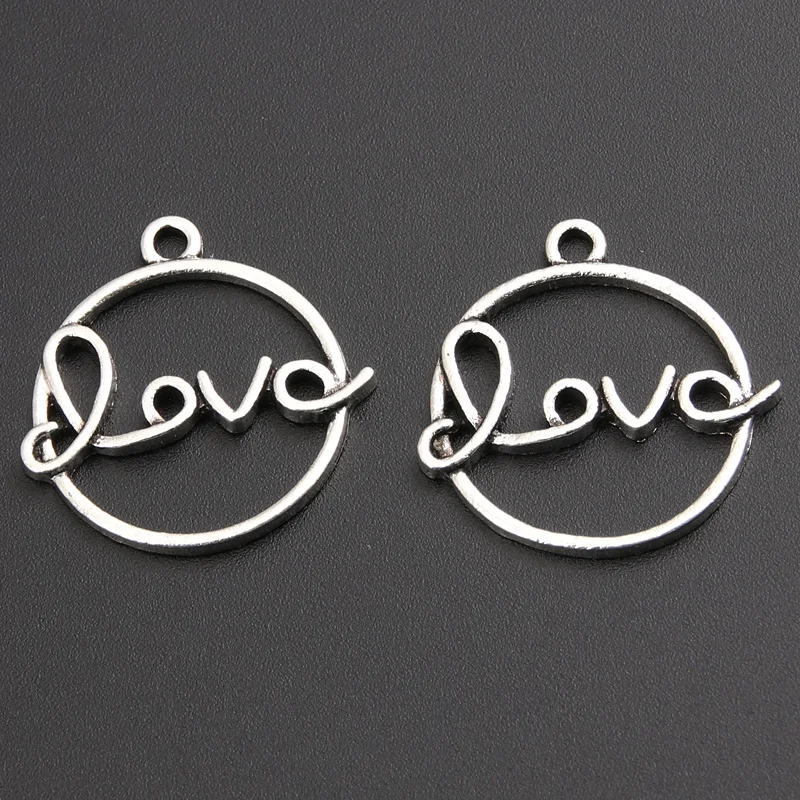 20pcs  Silver Color Round Hollow Love Charms Letters Inspire  Pendant Making Jewelry Accessories Craft Wholesale 26mm A3004 SALE