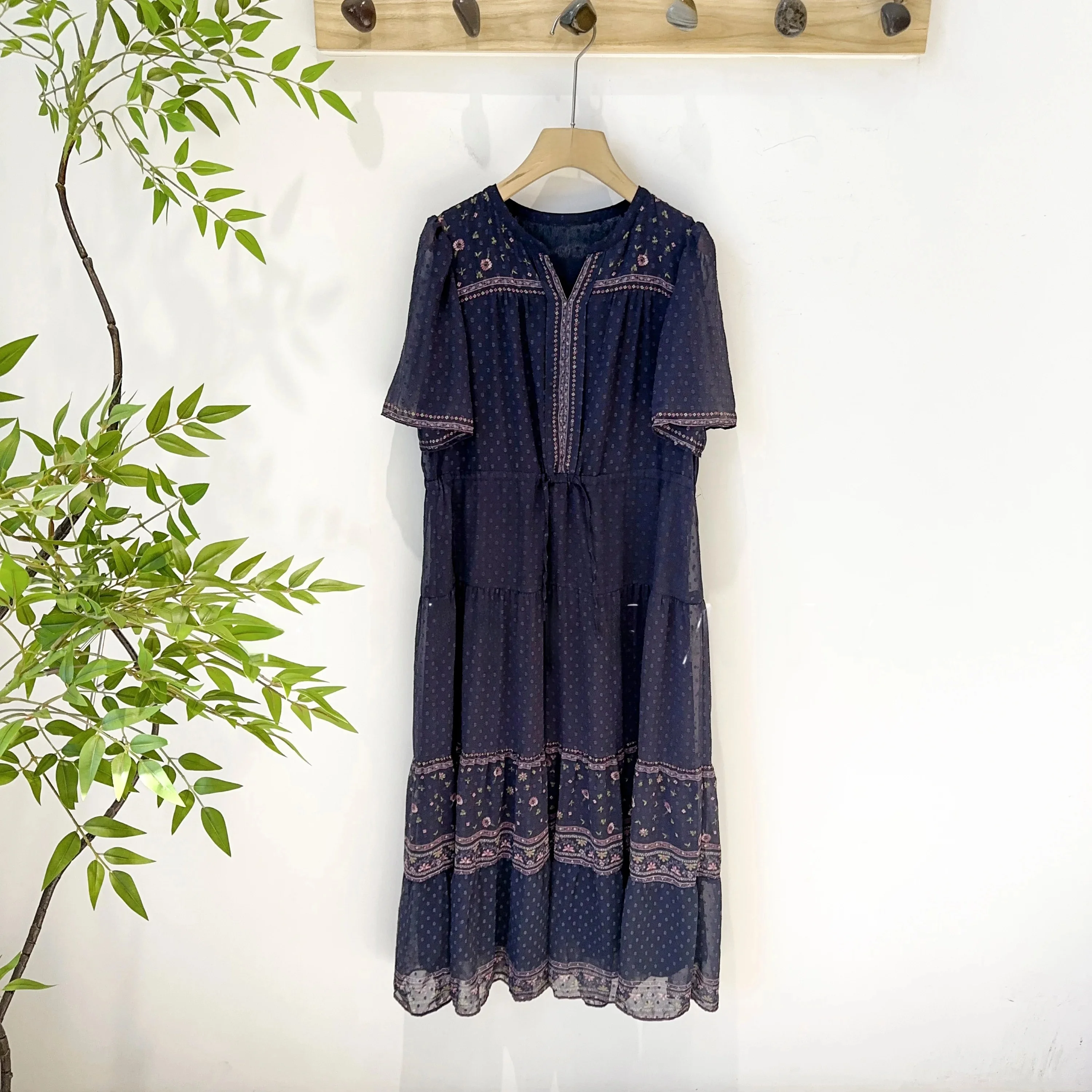

Mimifafa Island Pure Original 26 New 3D Floral Fabric Vintage Forest System Waist Cinching Dress Short Sleeve round Neck Casual