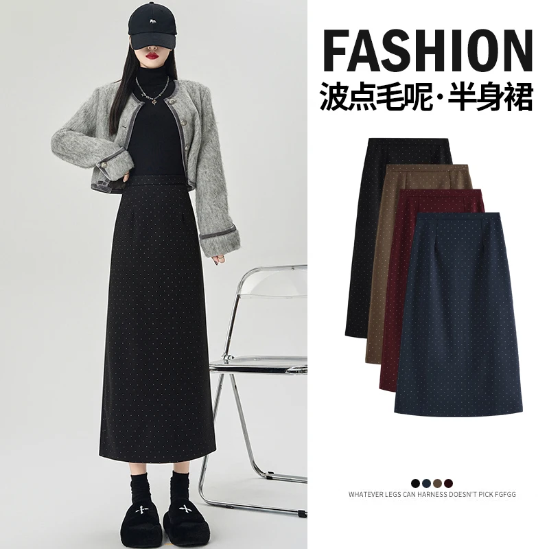 

Длинная юбка в горошек с высокой талией на молнии для женщин, осень-зима, новые шерстяные юбки-карандаш, офисная женская повседневная прямая юбка, одежда