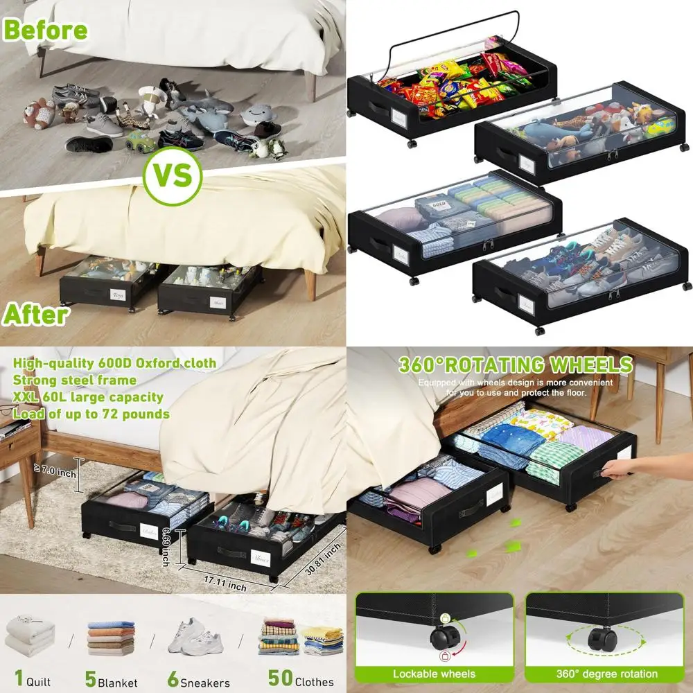 

Очень большие (60 л) выдвижные контейнеры для хранения под кроватью с крышками и этикетками, идеально подходят для обуви, одежды, книг и игрушек (набор из 4 штук, черные)