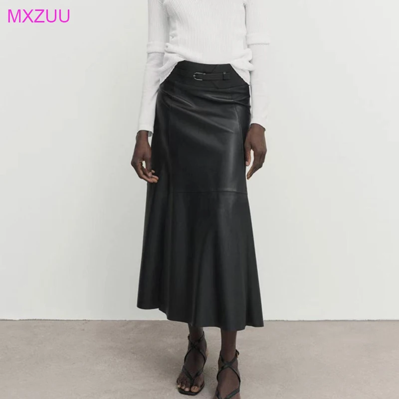 Real Leather Skirt Spring Autumn Women Versatile Wrap Hip Black Long Skirt Sheepskin High Waist Front Split Casual Jupe Longue