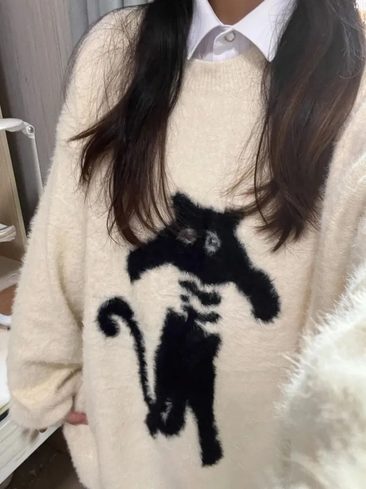 Chic Cartoon Knitted Pullovers Women Fashion Fluffy All-match Soft Young Popular Loose Leisure Long Sweaters Girls Sweet Ins New