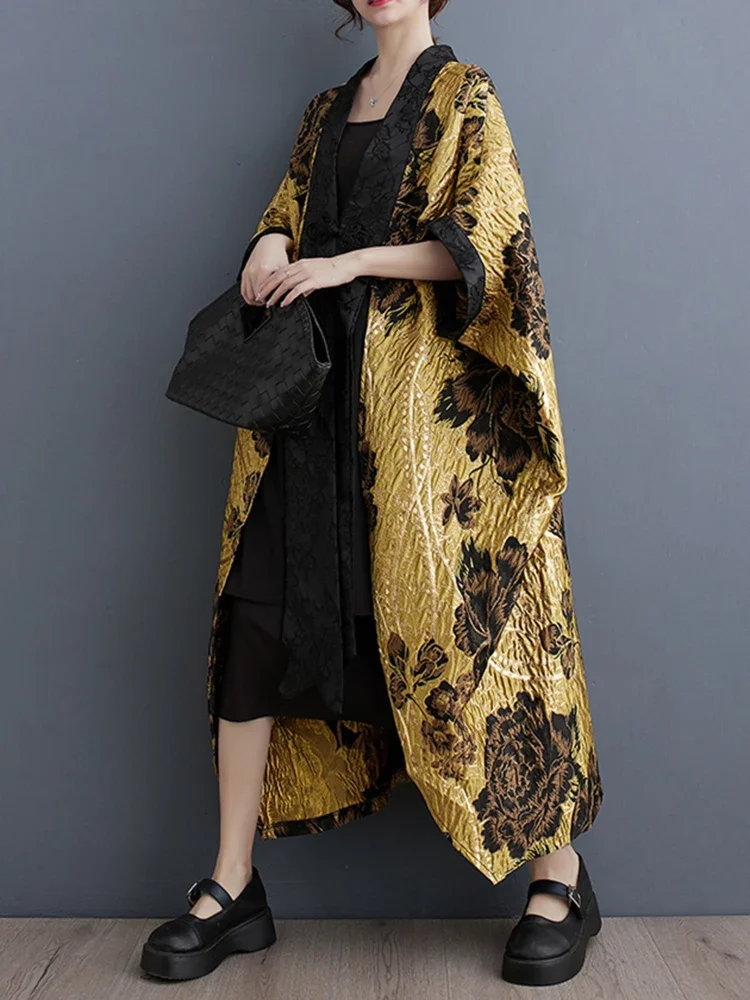 XITAO Bat Wing Sleeve Female Trench Flowers New Chinese Style Women Yellow Patchwork Vintage Loose 2023 Winter Coat DMJ3790