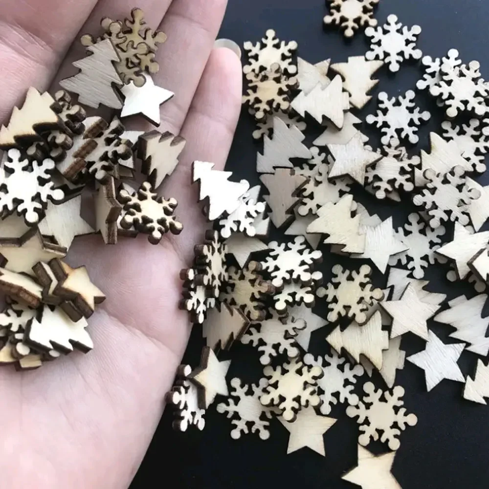 50Pcs Wooden Christmas Tree Snowflakes Stars DIY Christmas Hanging Ornaments Pendant Table Christmas Home Decorations Supplies