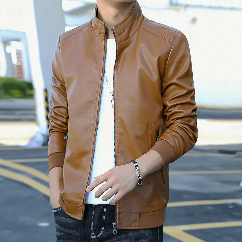 

Trendy Casual Loose Jacket for Men with Velvet Thickened Winter with PU Leather Stand Collar