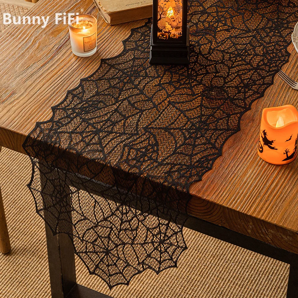 Halloween Black Lace Table Runner Spider Web Bat Skeleton Tablecloth For Home Dining Table Decor Horror Party Halloween Supplies
