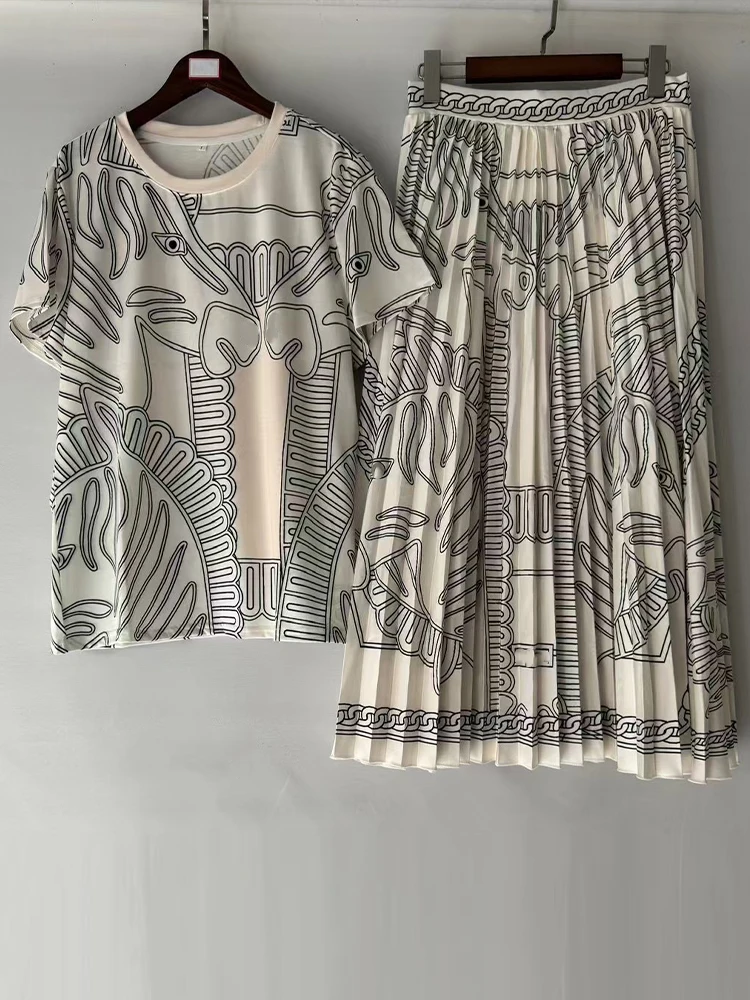 

Retro printed women's dress T-shirt with round neck and short sleeves, high waist A-shaped skirt and new casual two-piece suit i