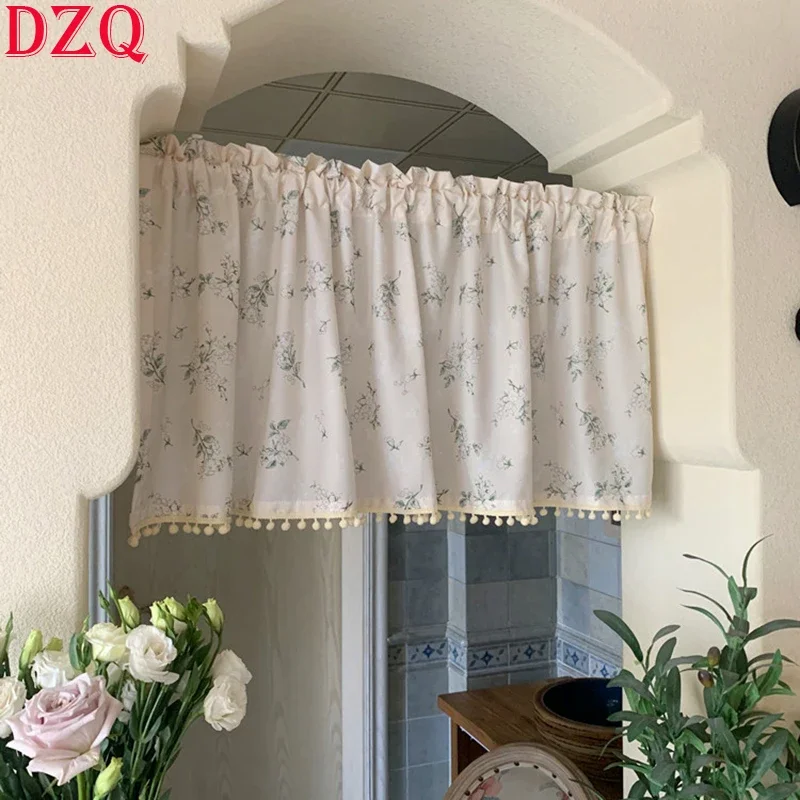 

Korean Pastoral Style Linen Flowers Short Curtains for Kitchen Linen Balls Bottom Half Curtain for Roman Window Door #A372