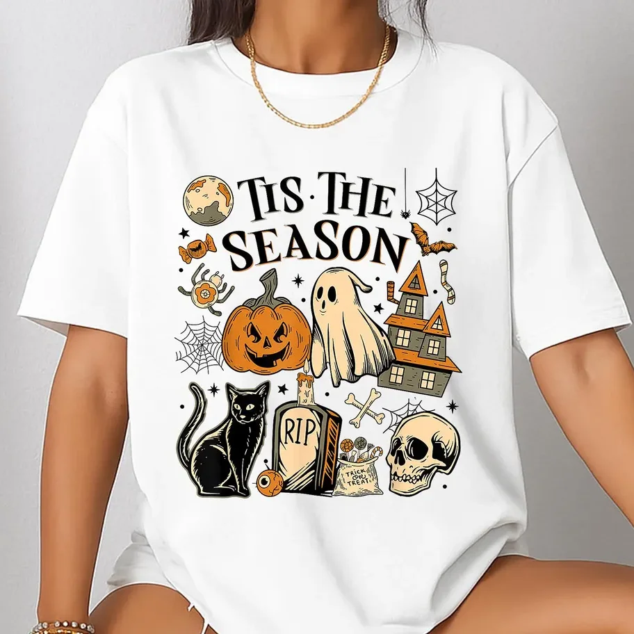 

Vintage Halloween ShirtTis The Season Retro Ghost Spooky Season Halloween Costume T-Shirt Top Harajuku Short Sleeve Casual