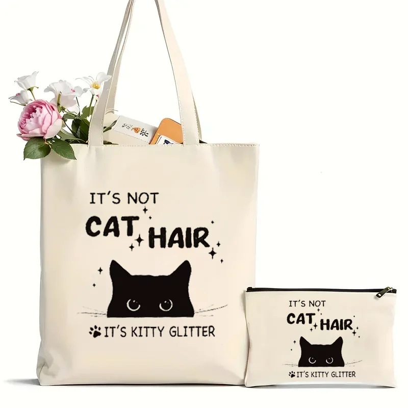 

2Pcs Cute Black Cat Print Canvas Tote Bag, Canvas Shoulder Bag For Travel Daily Commuting, Women's