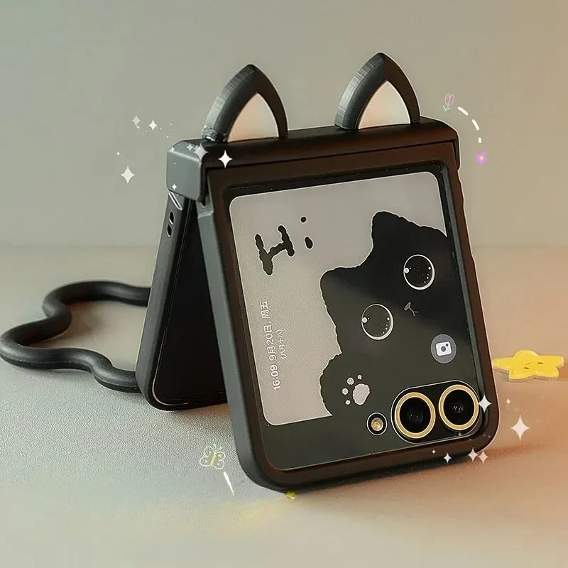 Funda de teléfono con bisagra y orejas bonitas para Samsung Galaxy Z Flip 3 4 5 6 7 para Motorola Razr 40 50 60 Ultra Xiaomi Mix Flip 2