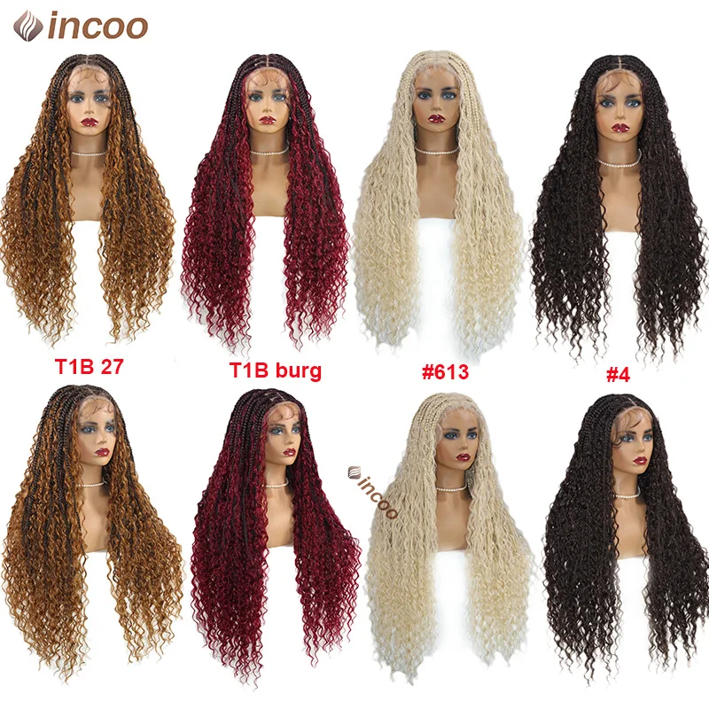 Boho Box Braid Wigs 613 Blonde 32 Inch Synthetic Full Lace Front Braided Wigs Knotless Cornrow Braids Curly Lace Wigs For Women