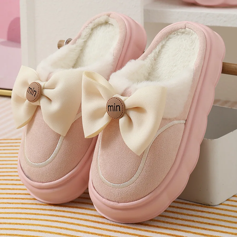 

Trendy Autumn For Women Warm Home Slippers Pink Princess Bow Thick Plush Non-Slip Leisure Shoes Soft Bedroom Platform Flat Slide