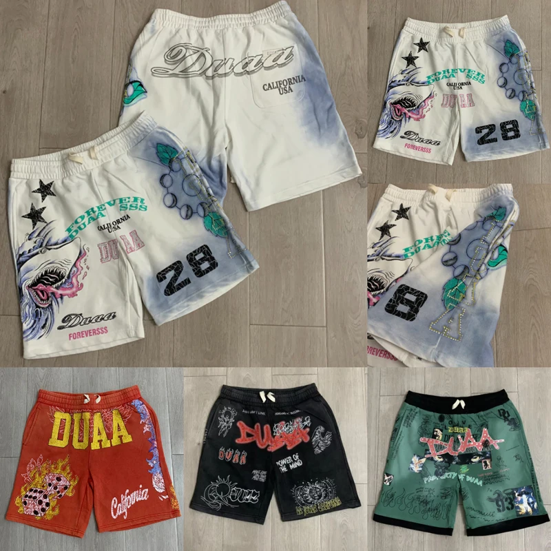 High-quality Streetwear DUAA Casual Shorts Summer Men's Full Graffiti Printed Rhinestone Sports Shorts