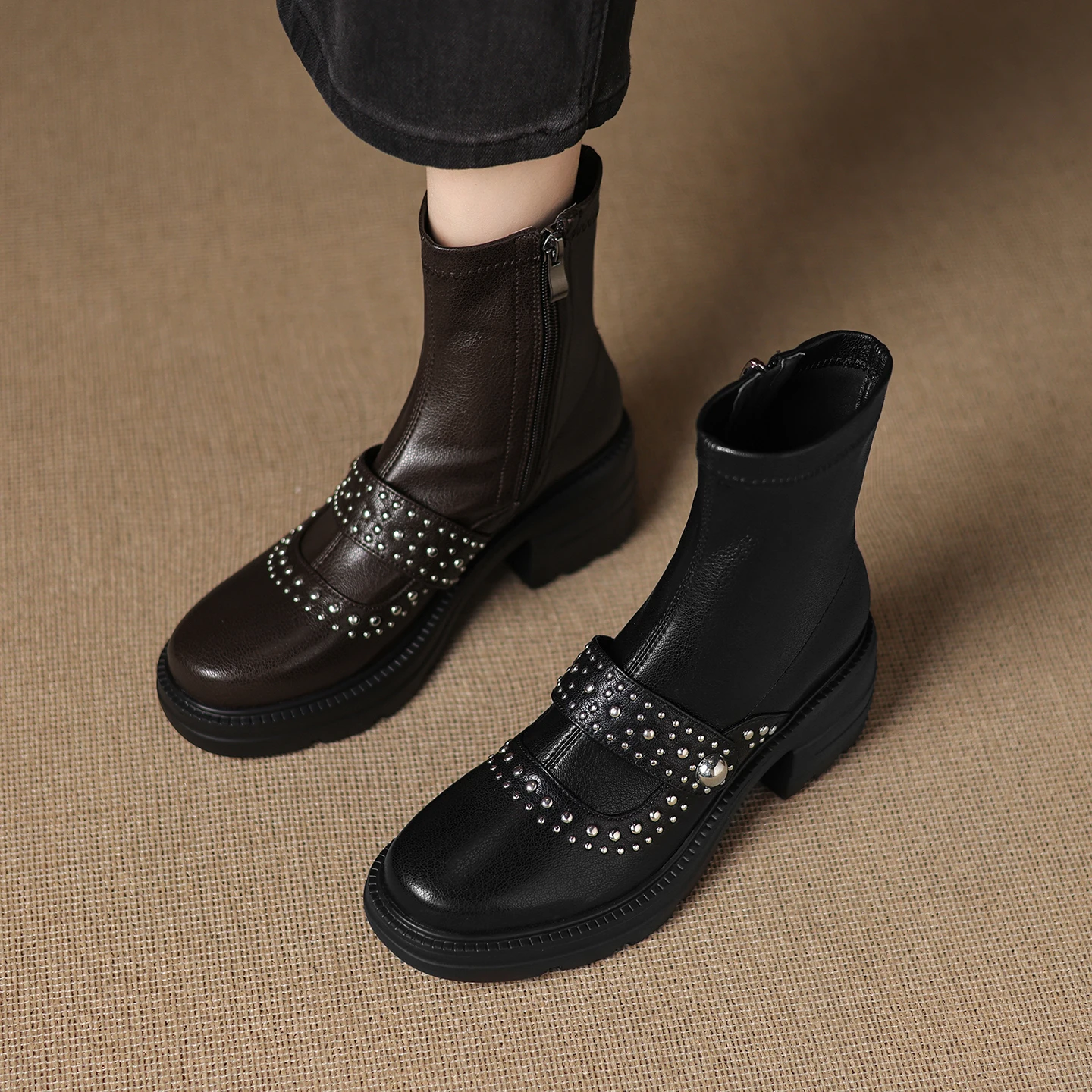

Handmade Genuine Leather platform Boots Sexy Rivet Ankle boots,Fashion winter woman boots