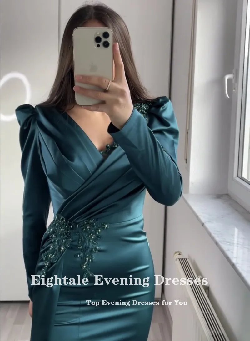 Eightale New Green Evening Dress for Wedding Party Appliques Beaded Satin Long Sleeves Mermaid Prom Gown Celebrity vestido festa