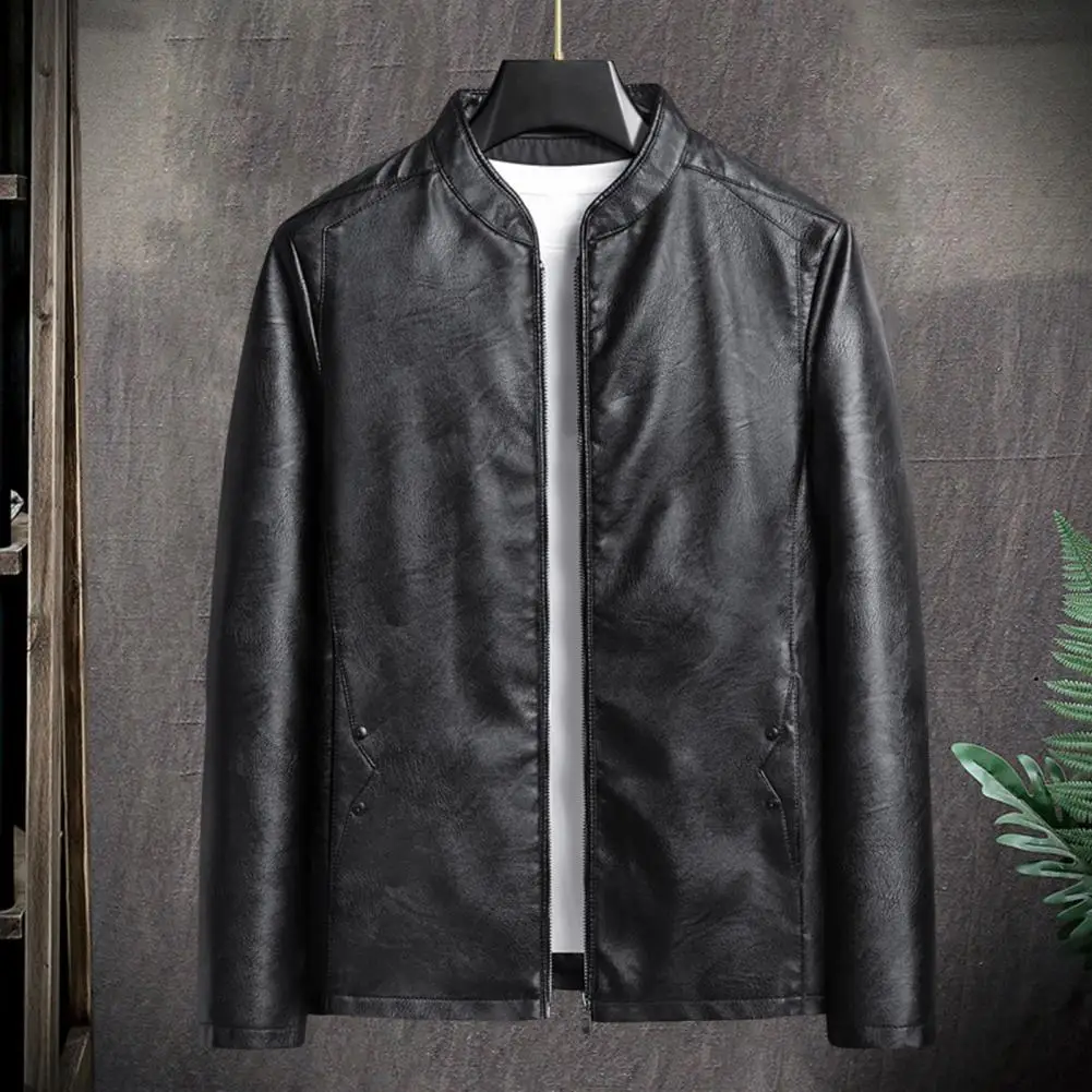 Men Imitation Leather Jacket Stylish Men's Imitation Leather Windbreaker Jacket with Stand Collar Zipper Closure Pockets for Men