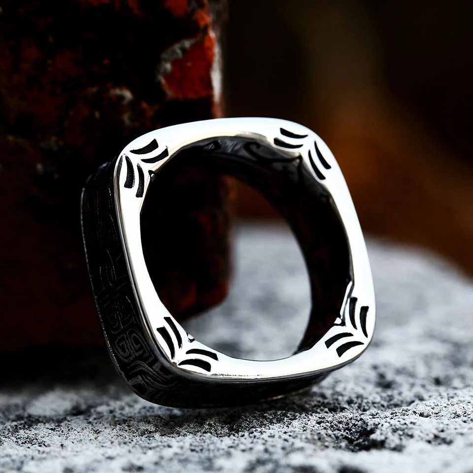 Steel Soldier  Retro fashion square embossed pattern open ring men and women jewelry gift