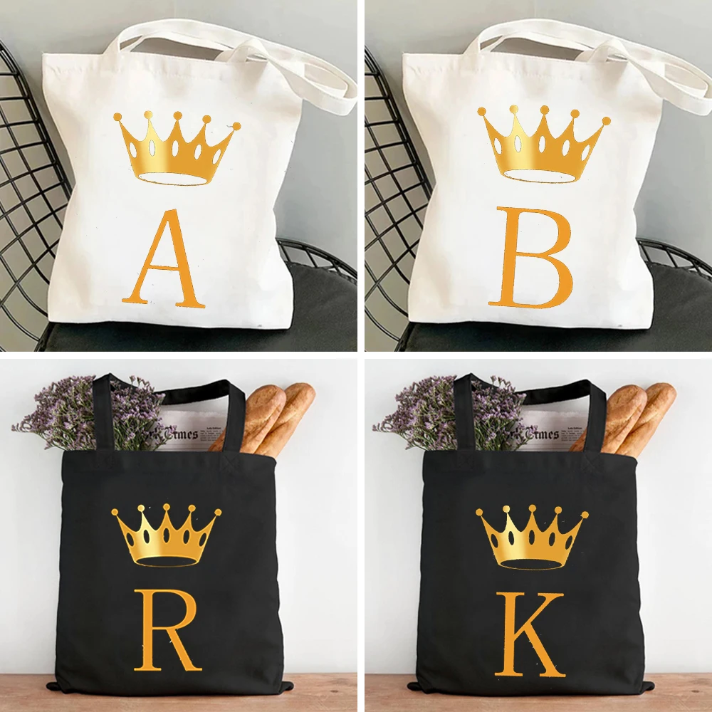 Crown Initial Letter A B C K R Z Cool Godlen Alphabet Women Shopper Bag Girl Handbag Tote Shoulder Lady Cute Canvas Shopping Bag