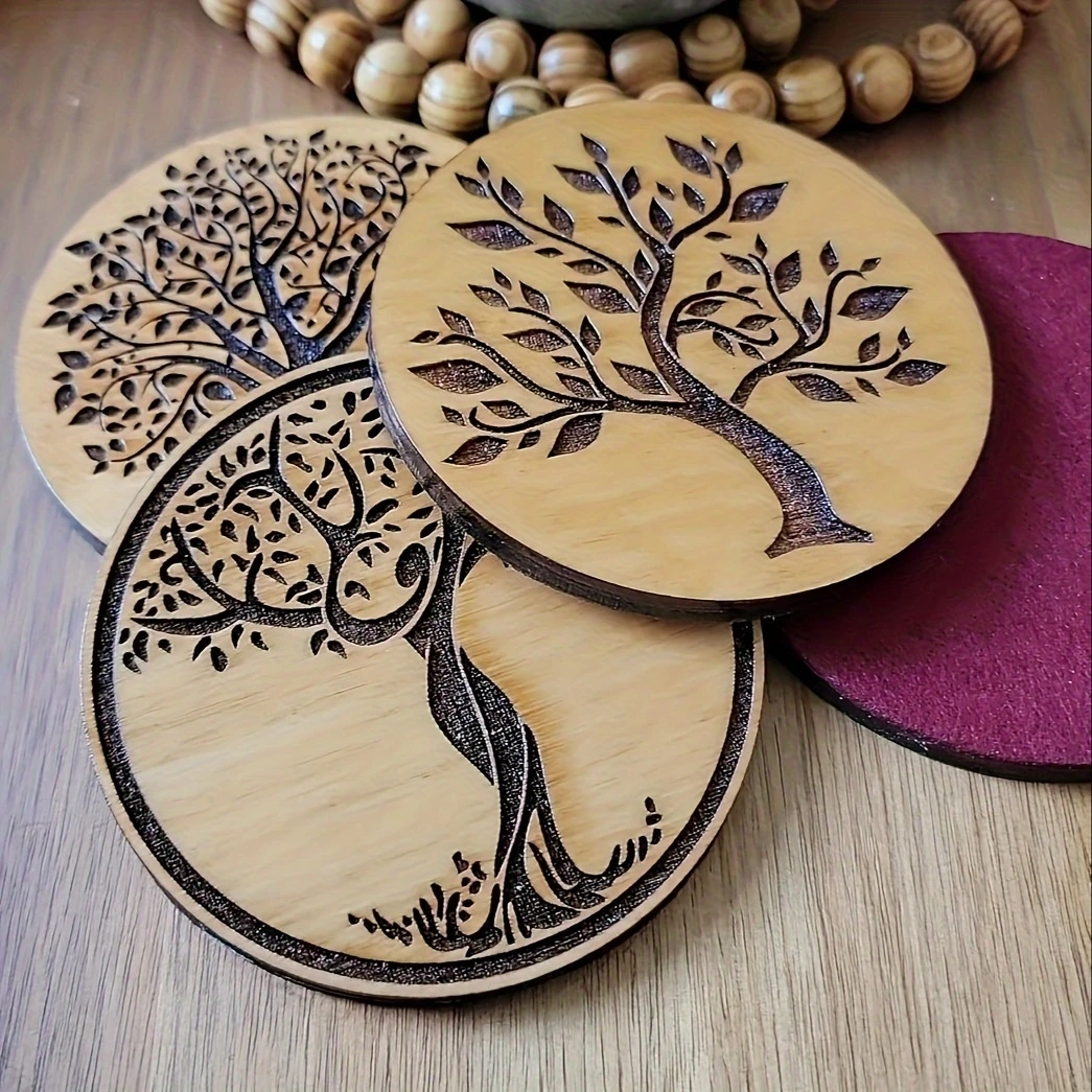 8pcs Rustic Wood Coasters For Nature Lovers Tree Of Life Decor Coasters Coffee Table Decor Functional Coaster For Bar Kitchen