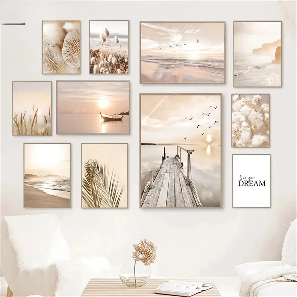Sunset Sea Lake Boat Bridge Canvas Painting Seagull Beach Poster Beige Leaf Reed Wall Art Print Nordic Wall Pictures Home Dec