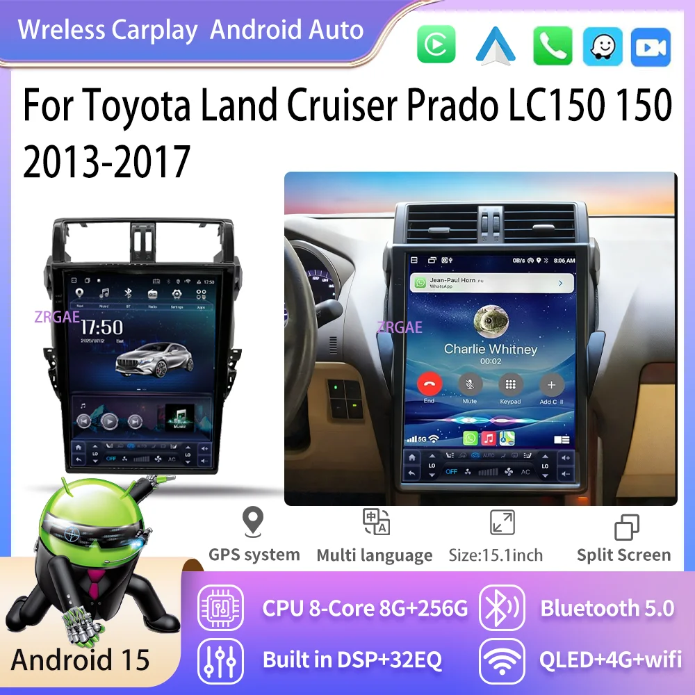 15.1''Android15 Auto For Toyota Land Cruiser Prado LC150 150 2013-2017 Car Radio Multimedia Player CarPlay Screen GPS Navigation