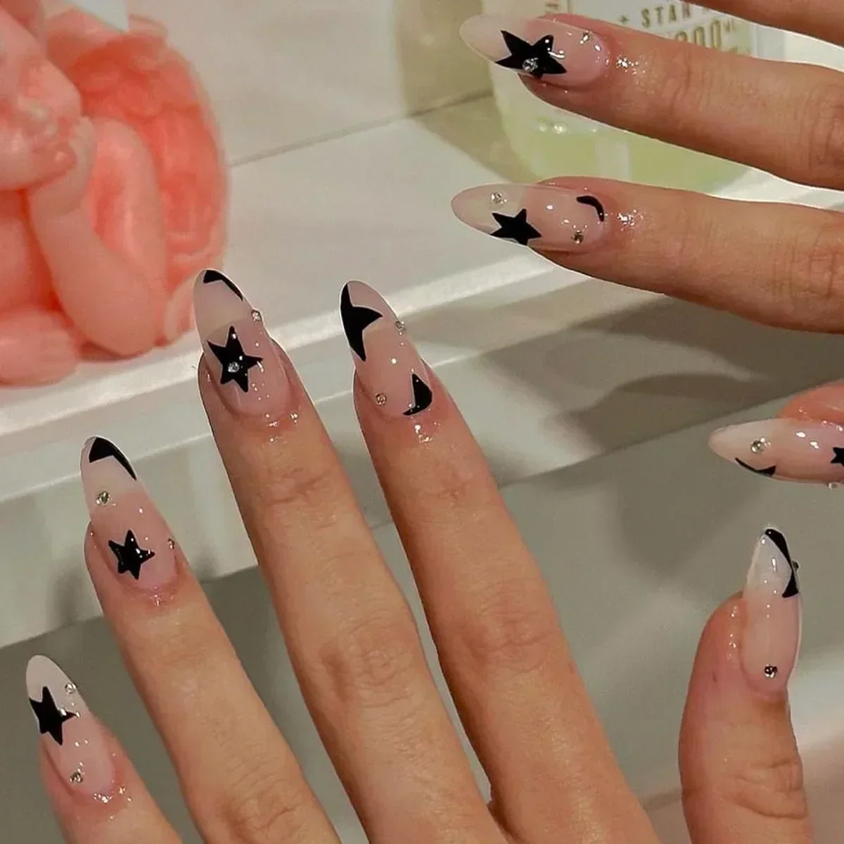 24pcs detachable sweet cool ballet false nails with star y2k designs acrylic press on nails coffin almond fake nails with glue