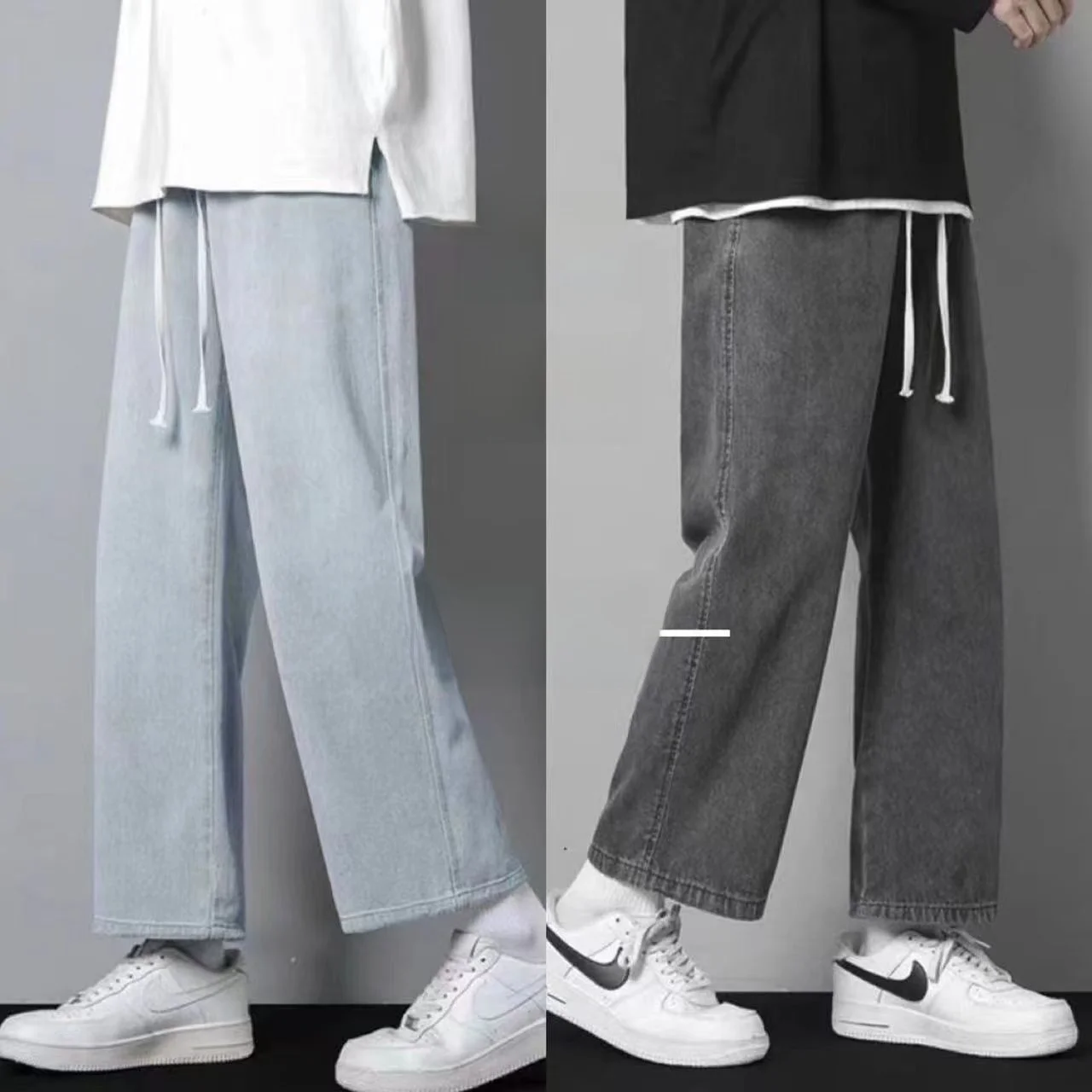 

Spring Summer Thin Hong Kong Sle Straight Leg Jeans Men's Loose Versatile Trendy Elastic Waist Wide Leg Nine Point Pants