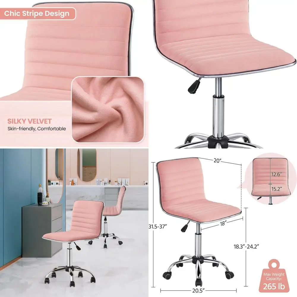 

Adjustable Height Swivel Task Chair with Armless Ribbed Velvet Design in Apricot Pink