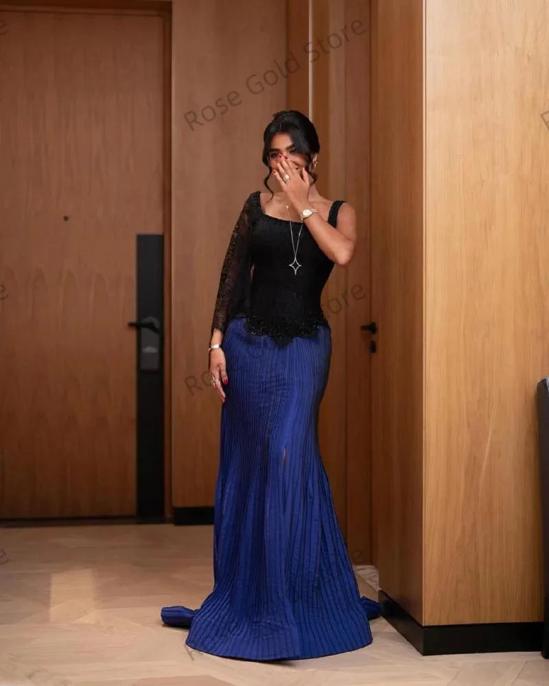 Moda sereia vestido de noite feminino azul o pescoço formal vestido de gala personalizado manga cheia babados árabe vestido de baile