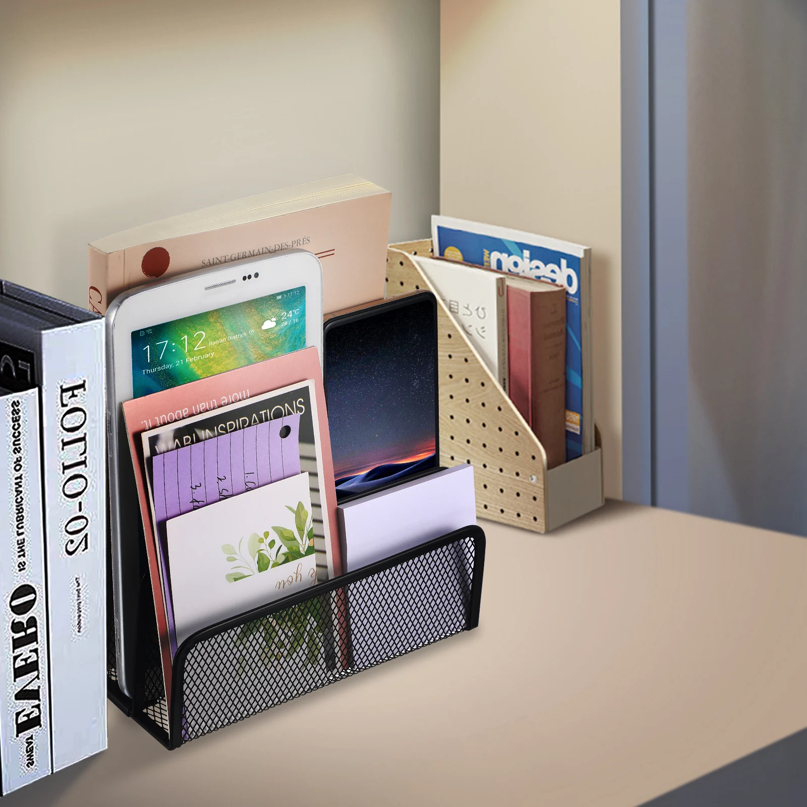 حامل ملفات مكتبي مكون من 3 أقسام، منظم مستندات عمودي، شبكة معدنية، مجلة كتيب، رف تخزين، منظم ورق المكتب