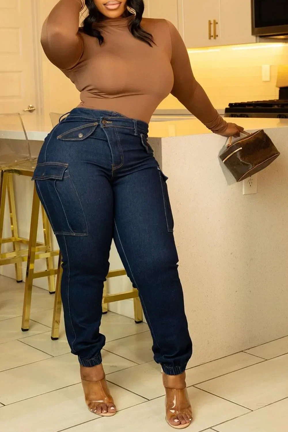 Jeans azul retrô de cintura alta para mulheres, cintura assimétrica com bolso, calça lápis, skinny, streetwear versátil, plus size