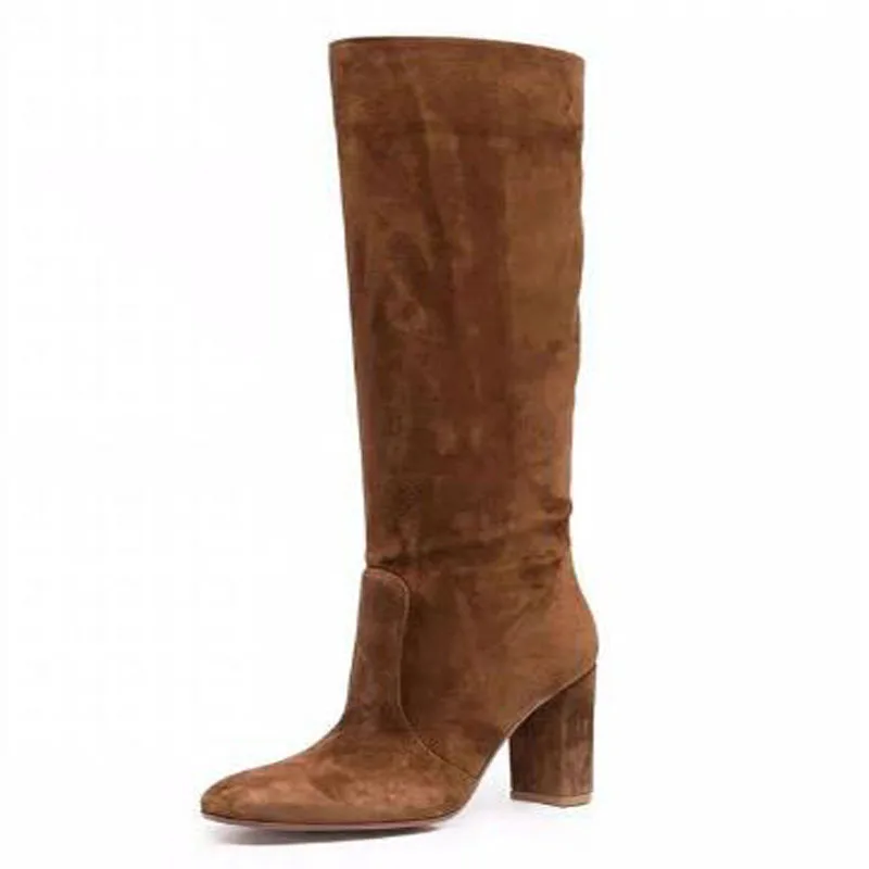 Autumn Brown Black Suede Round Toe Block Heel Patchwork Knee High Boots Women Fashion Concise Tube Slip On Long Boots Shoes Lady 5
