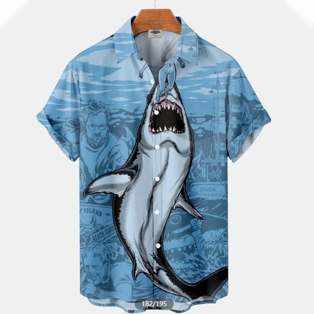 Fun Shark Print Men's Shirts for Men and Women Casual Fashion Button Lapel Streetwear Oversized Men's Short Sleeve Shirts