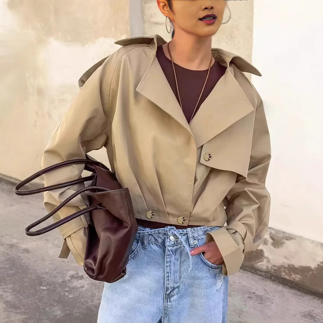 

New autumn retro tooling trench coat short top coat loose lapel double breasted jacket women