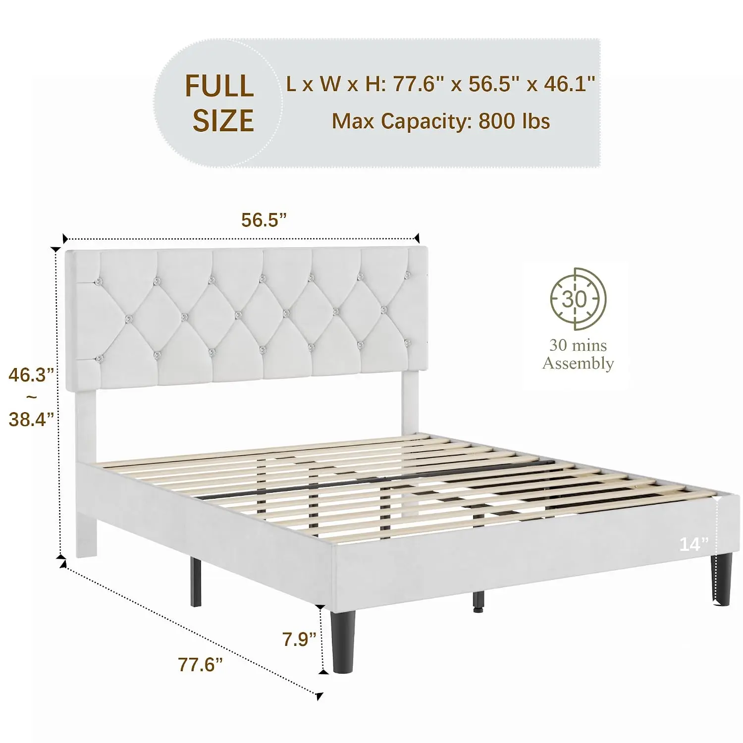 Diamond Tufted Upholstered Platform Bed Frame Full Size Wood Slat Support No Box Spring Velvet White, Customized