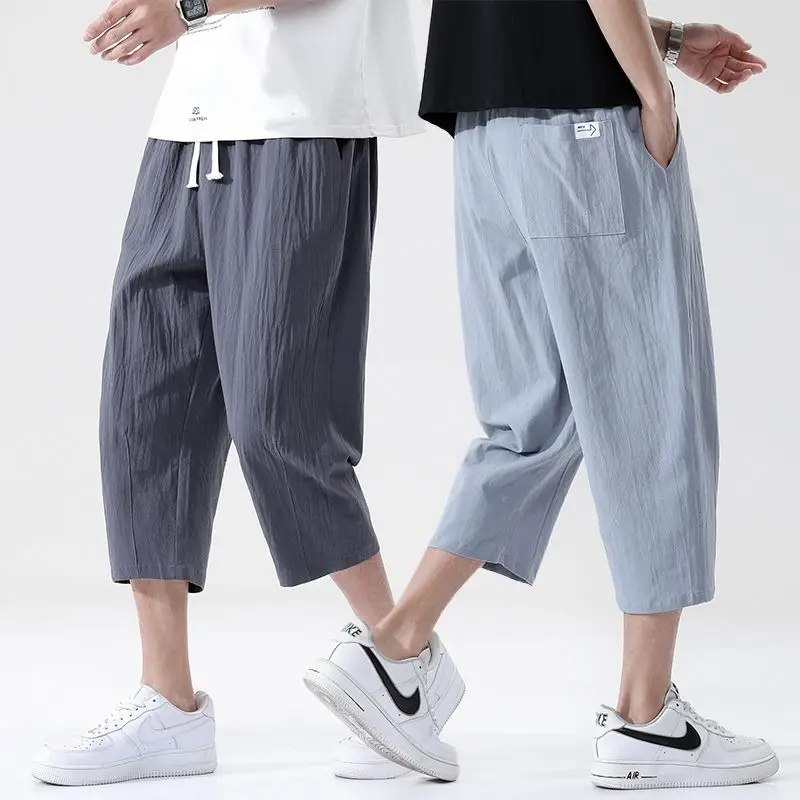 

Men's Calf-Length Pants Cotton Linen Summer Minimalist Loose Fit Breathable Lightweight Pants Large Solid Gym Beach Short Pants