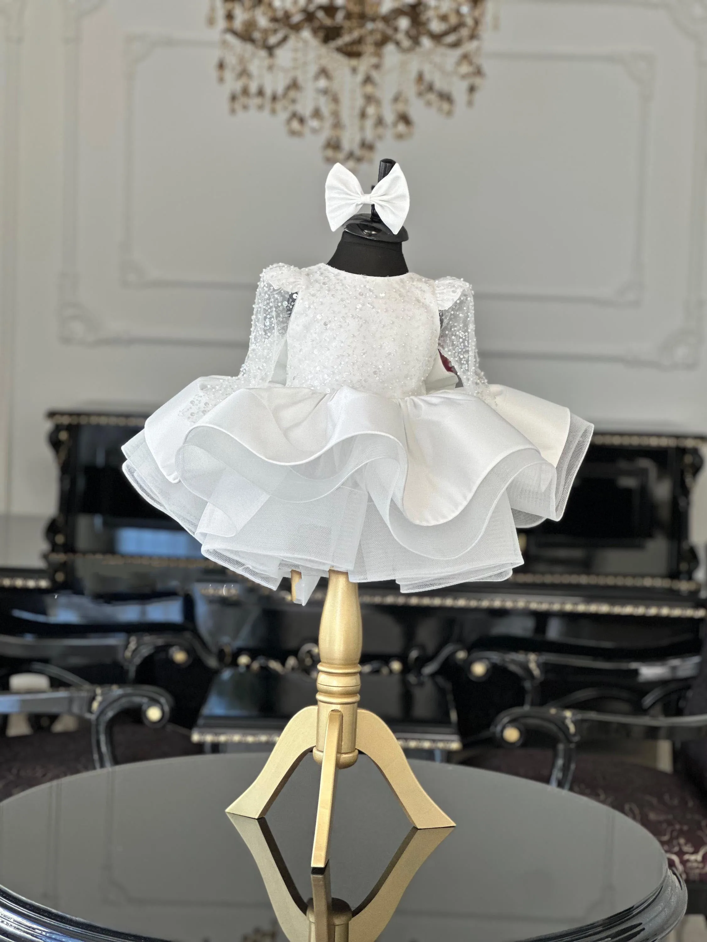 Abito da ragazza di fiore con paillettes bianco personalizzato per matrimonio Abito da ballo per prima comunione in tulle gonfio da principessa per bambini Festa di compleanno personalizzato