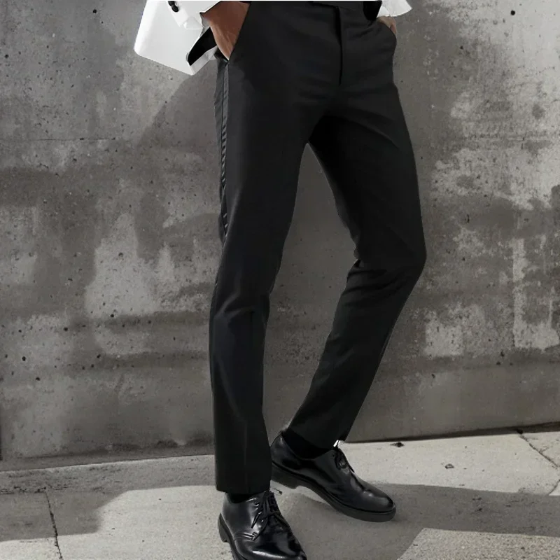 Suit Pants with Side Satin Stripe 1 Piece Slim Fit Formal Male Black Trousers Official Business Fashion for Wedding Prom