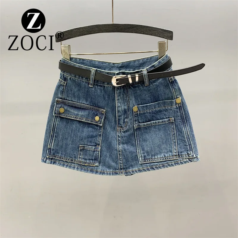 [ZOCI] Large Pocket Workwear Denim Midi Skirt Women 2024 Summer New Style A-line High Waist Hip Hugging