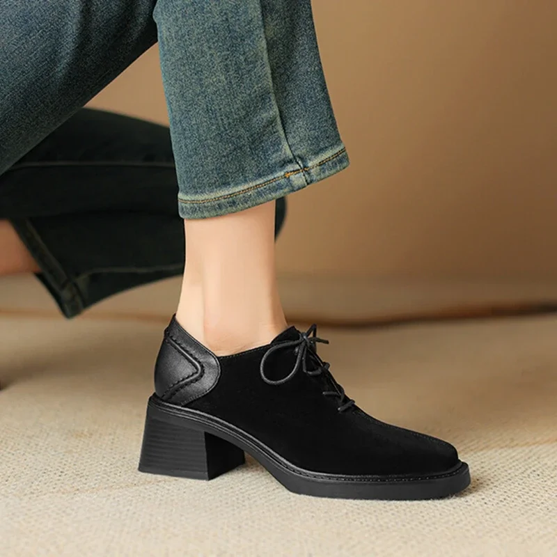 NEW Spring/Autumn Women Shoes Square Toe Chunky Heel Casual Shoes Sheep Suede Leather Shoes for Women Retro Lace up Women Pumps