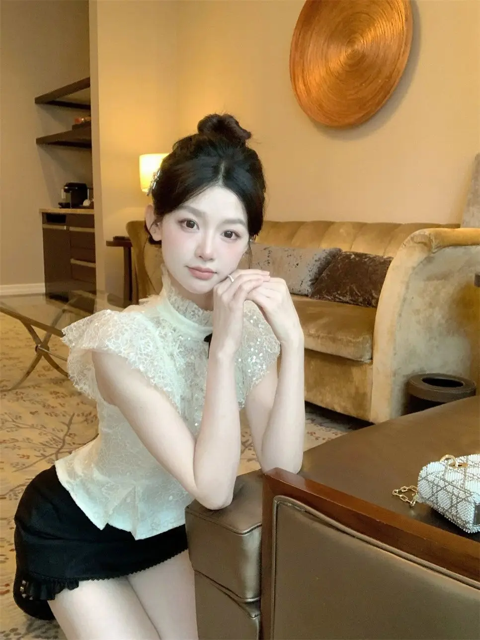 

New French Sweet Style High-end Designed Temperature Pure Slim Lace Spliced Half Turtleneck Top and Short Skirt for Women