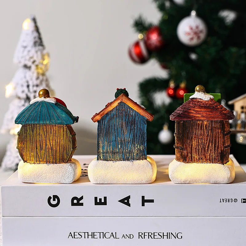 

Christmas Decorations Resin Miniature LED Lights Small House Landscape Santa Claus Christmas Figurines Home Table Decor Items