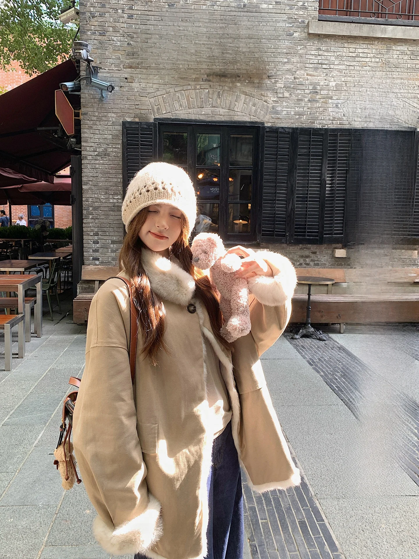 

ese Venice Sun Rabbit Fur Double-Sided Wear Women's Mid-Length Loose Casual Fur Jaet Long Sve Cotton Inner