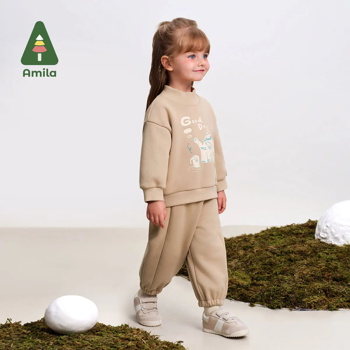 Amila Baby Suit 2024 Winter New High Quality Boys And Girls Cartoon Warm Plus Velvet Sports Loose Casual Children’s Clothing