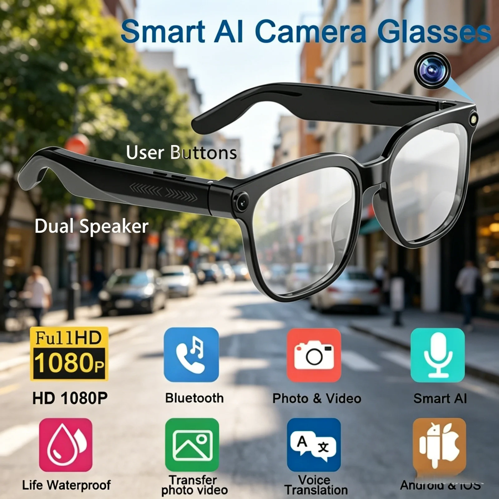 

HOT AI Smart Glasses 8K HD Photochromic Multifunction Bluetooth Calling Voice Assistant Music Player Translate Camera